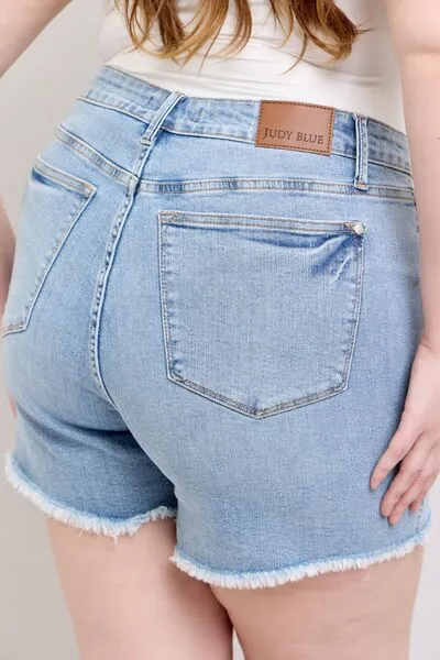 Judy Blue Full Size Tummy Control Raw Hem Denim Shorts – Plus Size Comfort & Style | Sizes S-3XL