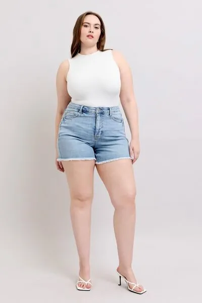 Judy Blue Full Size Tummy Control Raw Hem Denim Shorts – Plus Size Comfort & Style | Sizes S-3XL