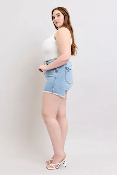 Judy Blue Full Size Tummy Control Raw Hem Denim Shorts – Plus Size Comfort & Style | Sizes S-3XL