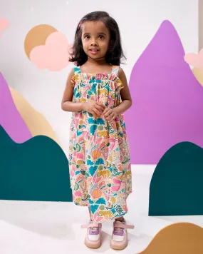 Jungle Bungle Printed Cotton Tie- Up Maxi Dress