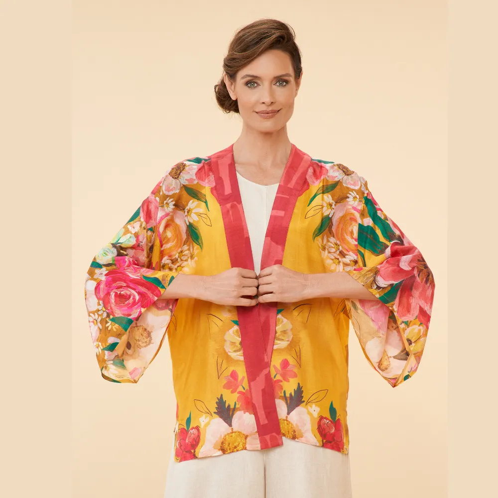 Ladies Kimono Jacket Impressionist Floral Mustard By Powder Design SS24