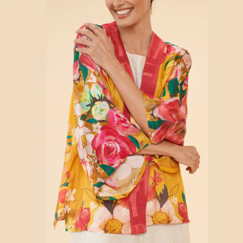 Ladies Kimono Jacket Impressionist Floral Mustard By Powder Design SS24