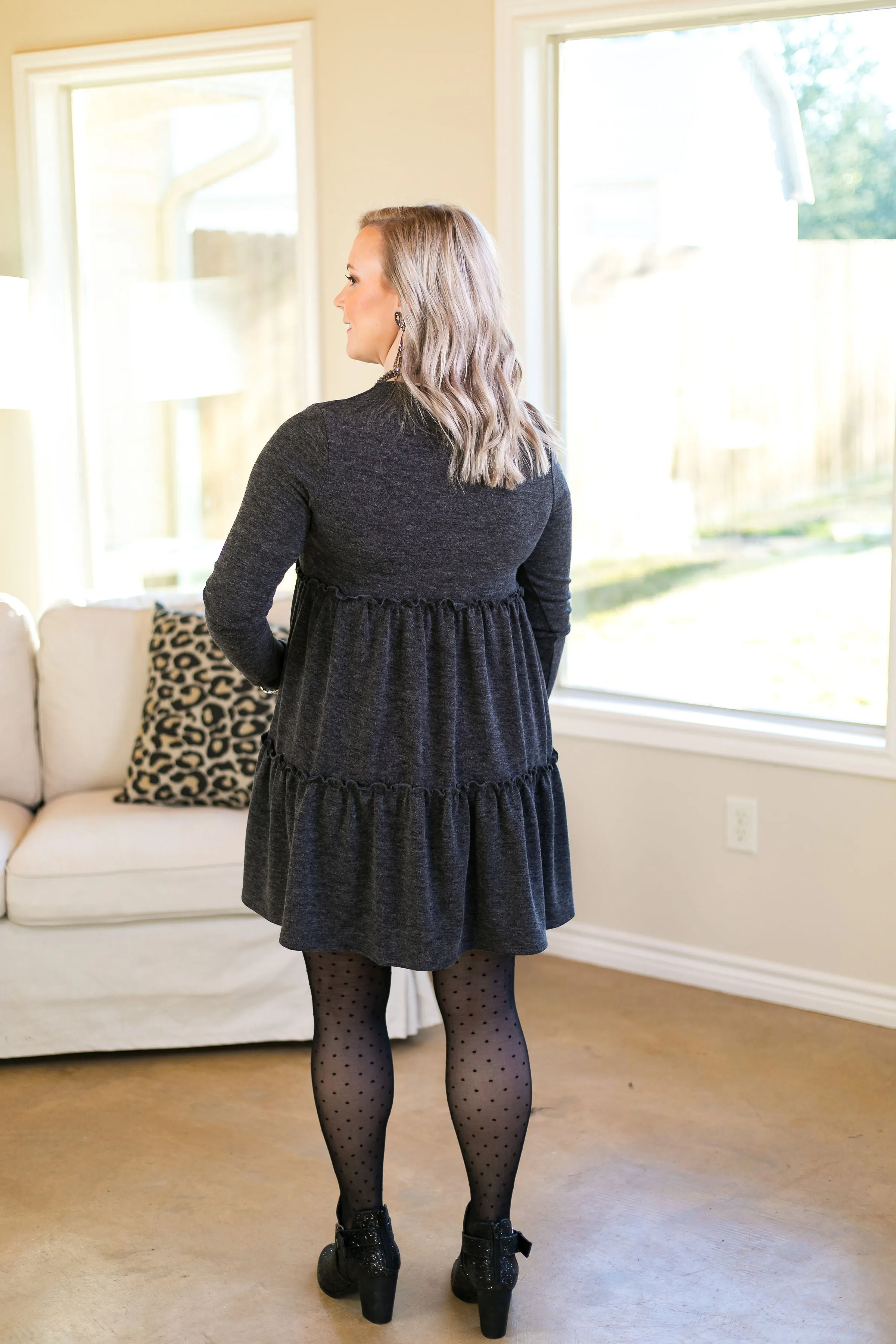 Last Chance Size Small | It's Your Time Long Sleeve Tiered Baby Doll Tunic in Charcoal Grey