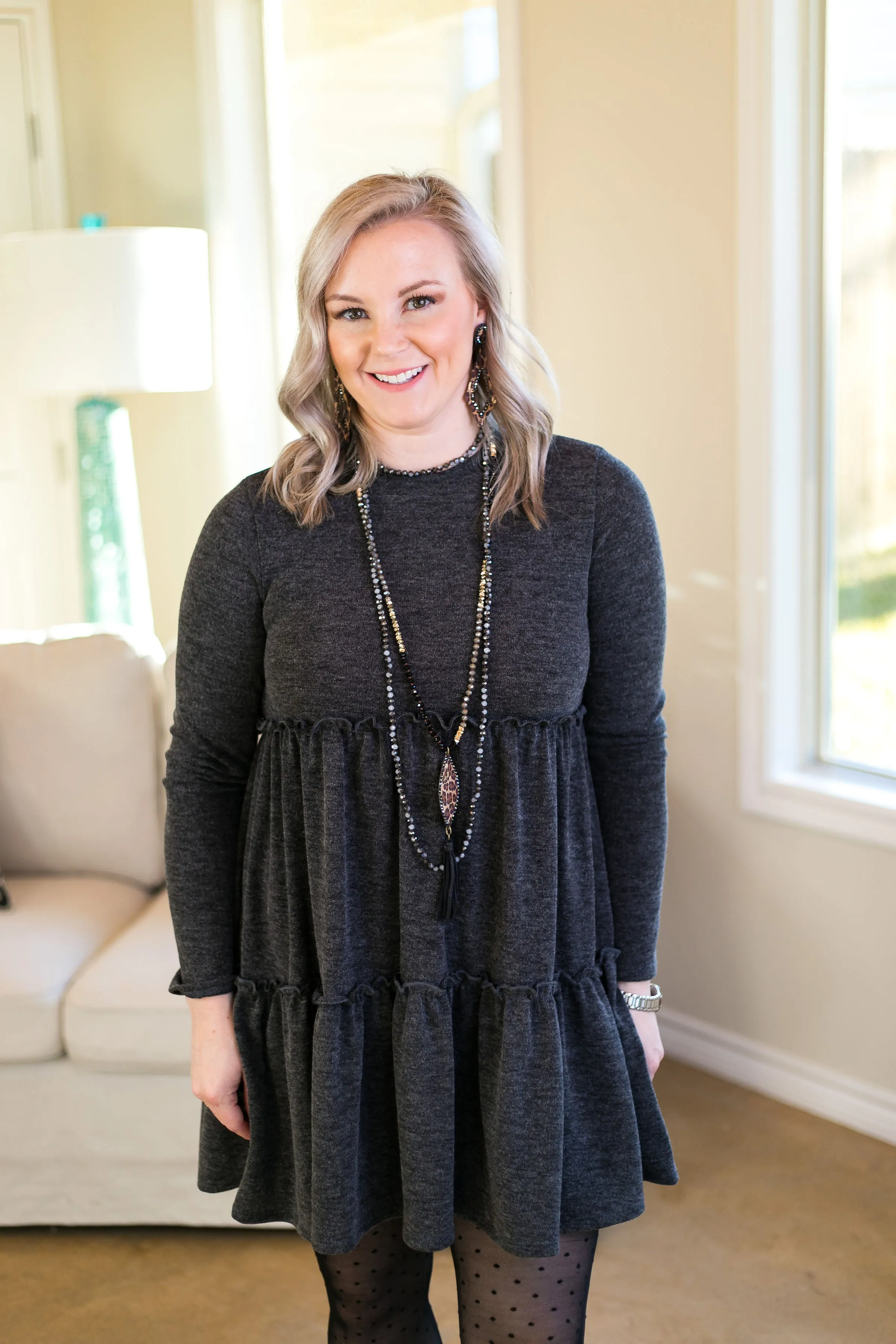 Last Chance Size Small | It's Your Time Long Sleeve Tiered Baby Doll Tunic in Charcoal Grey
