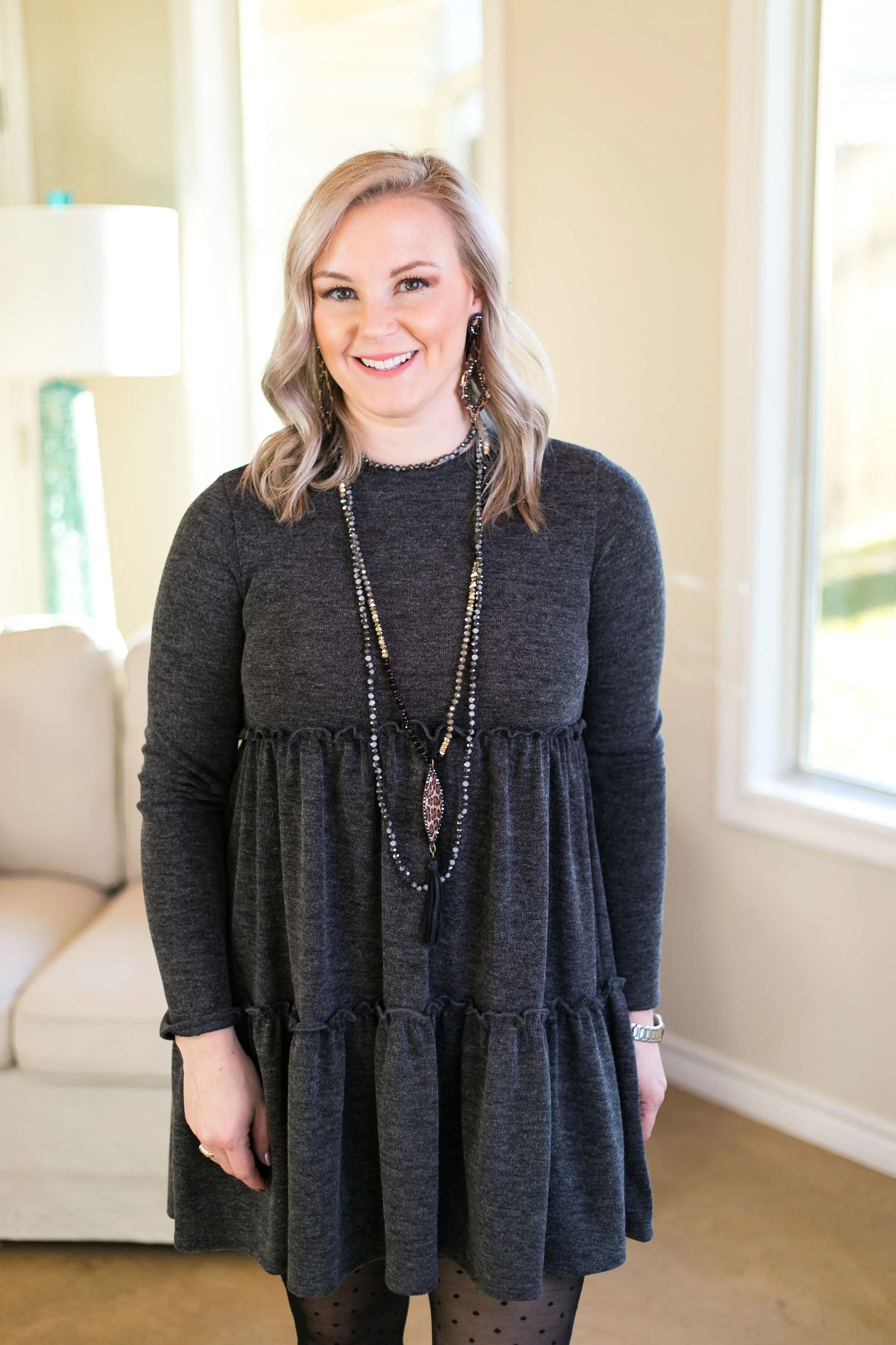 Last Chance Size Small | It's Your Time Long Sleeve Tiered Baby Doll Tunic in Charcoal Grey