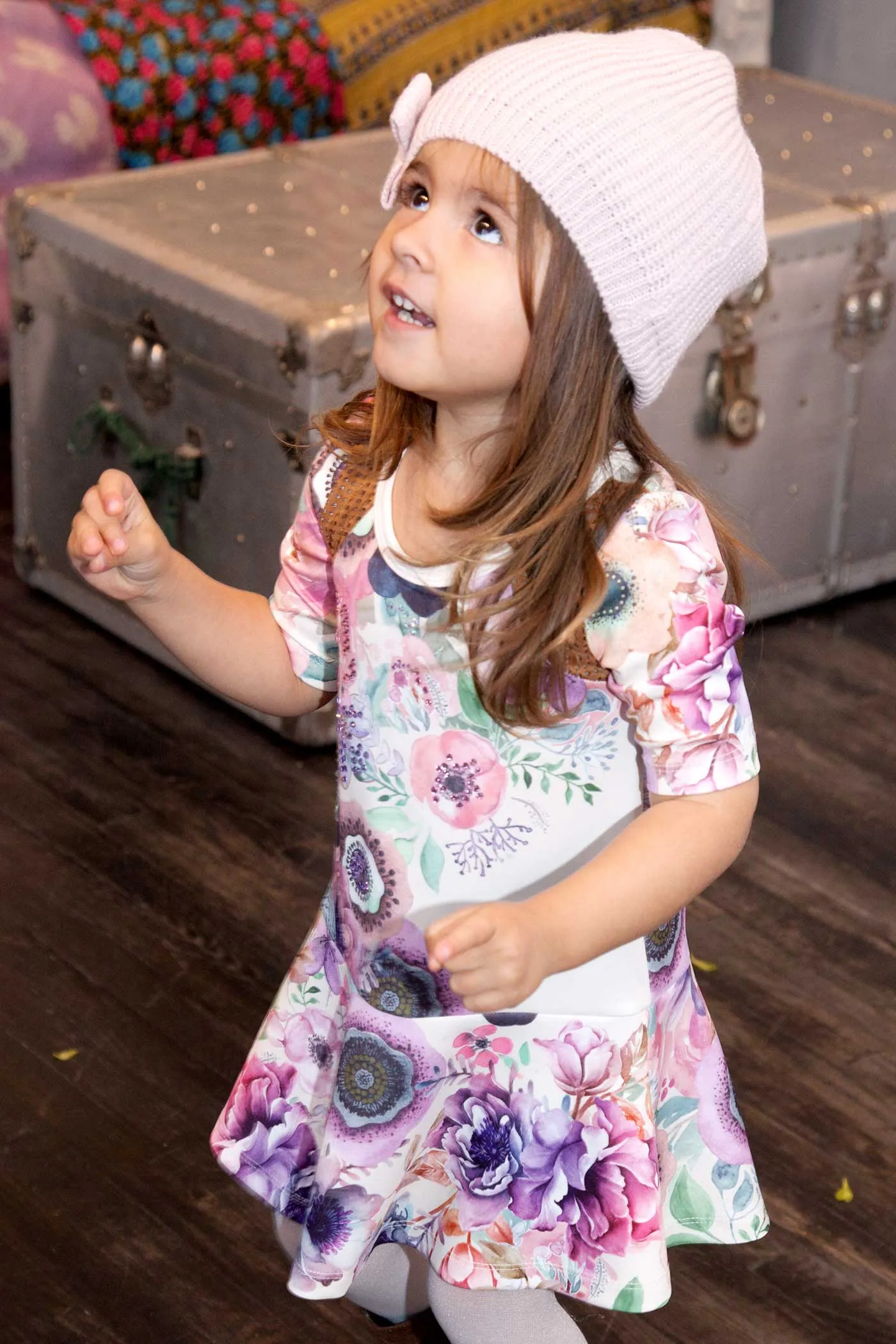 Little Girls 3/4 Sleeve Floral Print Dress