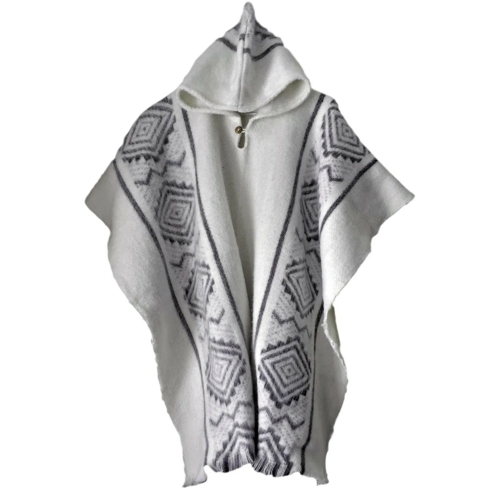 Llama Wool Unisex South American Handwoven Hooded Poncho - diamonds pattern