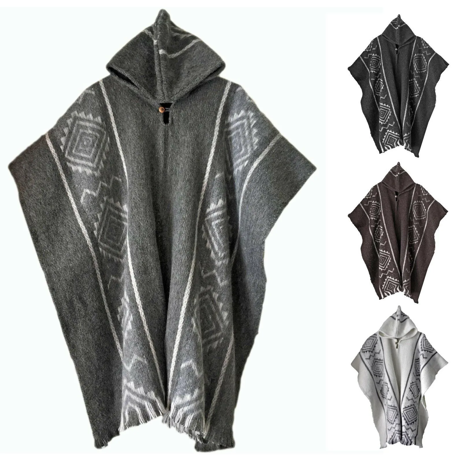 Llama Wool Unisex South American Handwoven Hooded Poncho - diamonds pattern