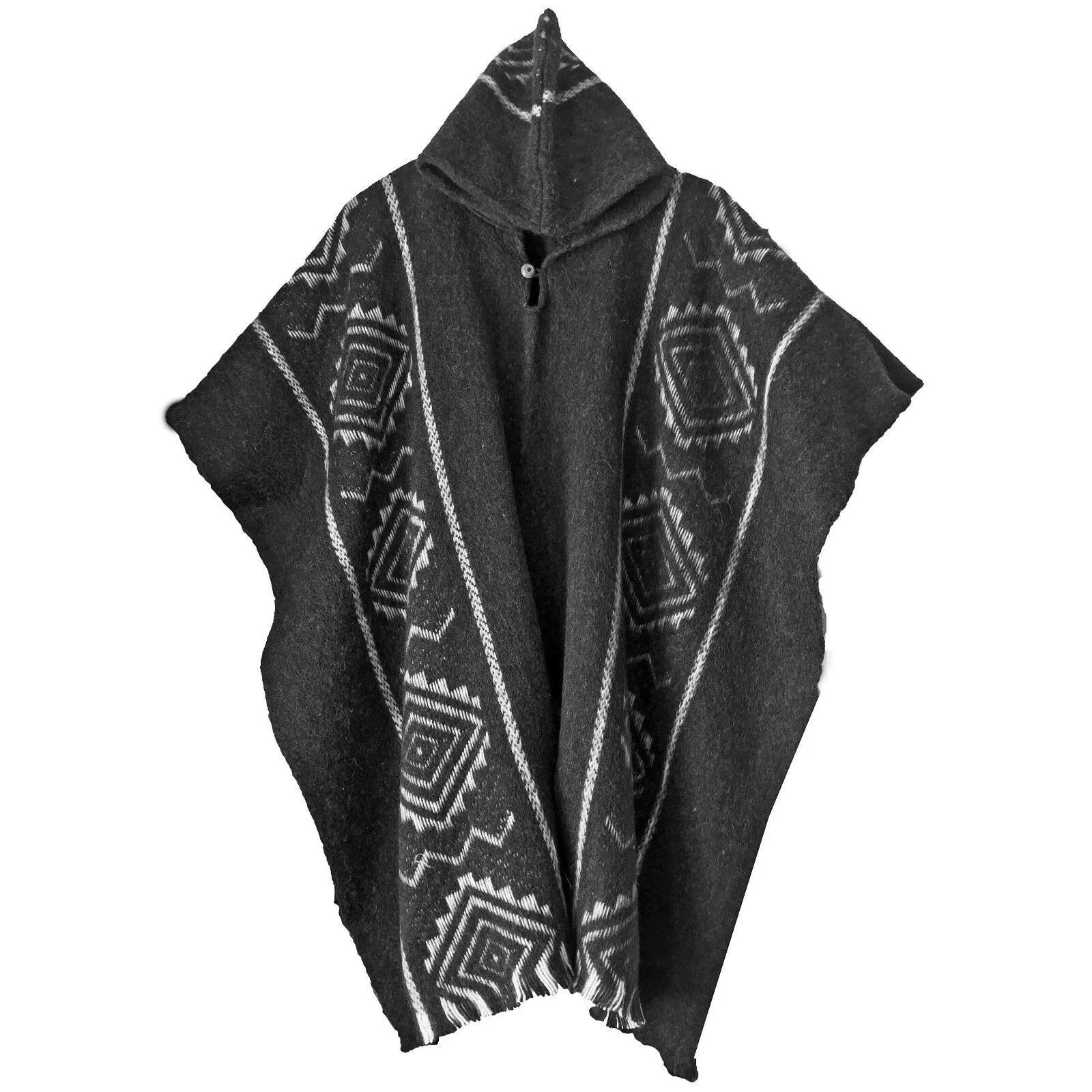 Llama Wool Unisex South American Handwoven Hooded Poncho - diamonds pattern
