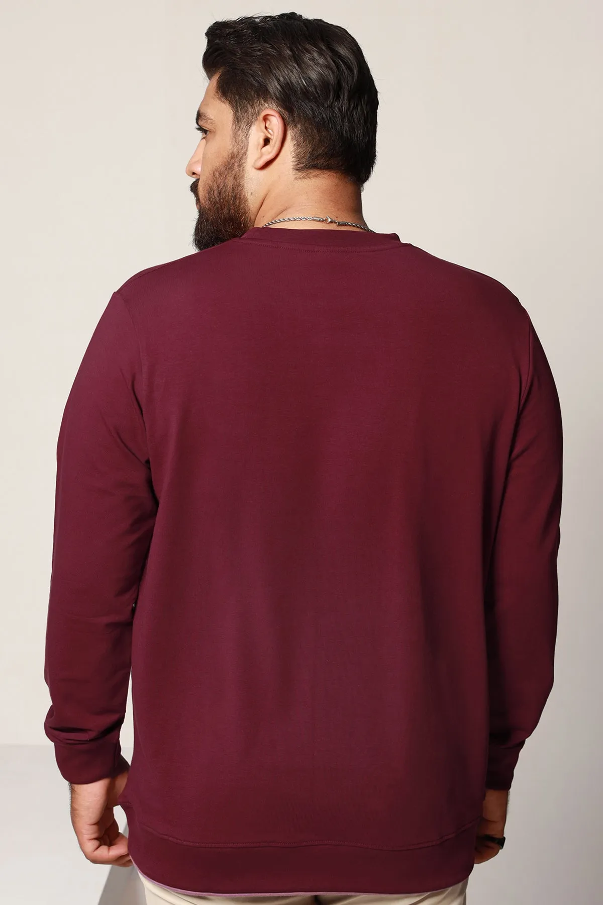 Maroon Contrast Rib Embroidered Sweatshirt (Plus Size) - W22 - MSW034P