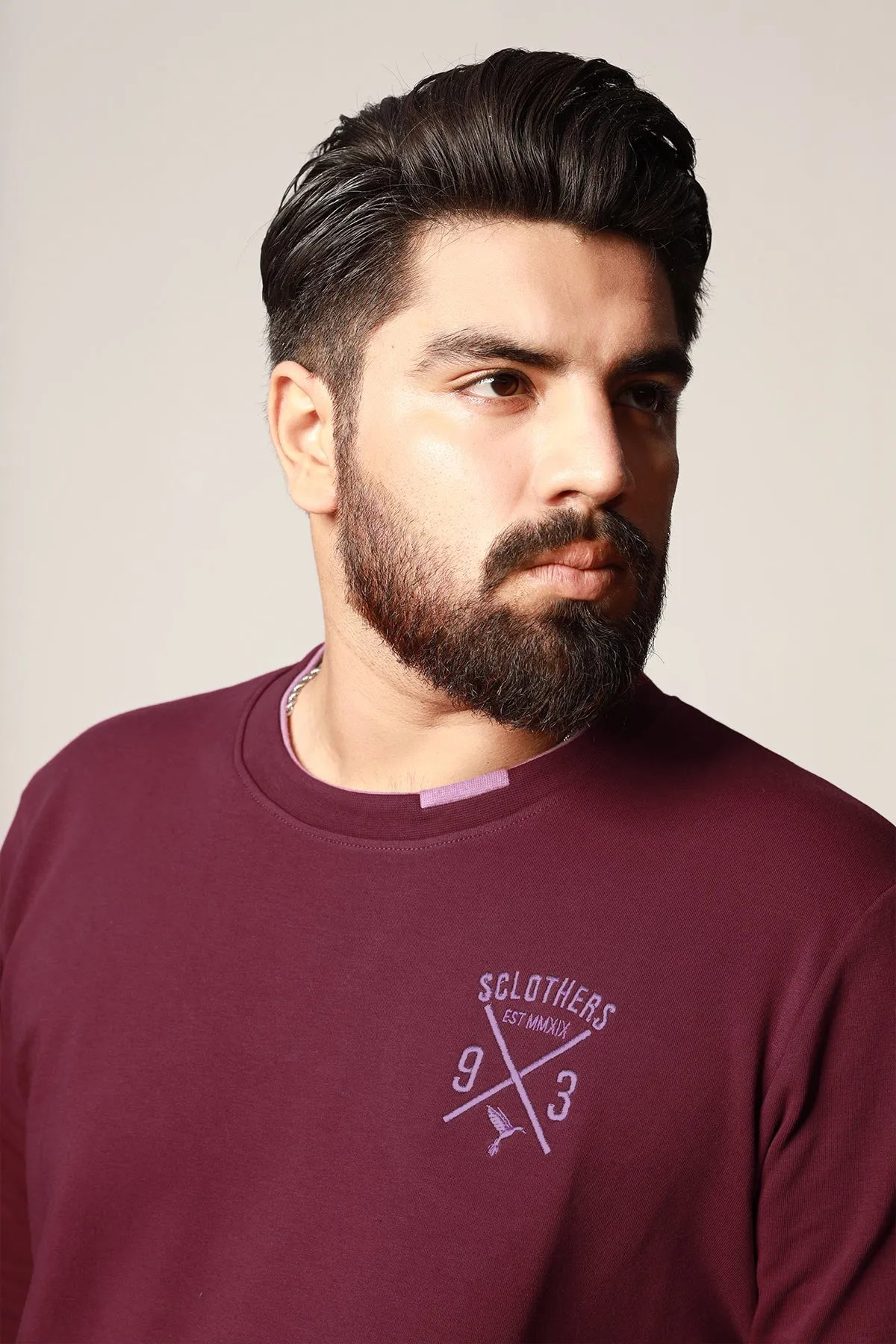 Maroon Contrast Rib Embroidered Sweatshirt (Plus Size) - W22 - MSW034P