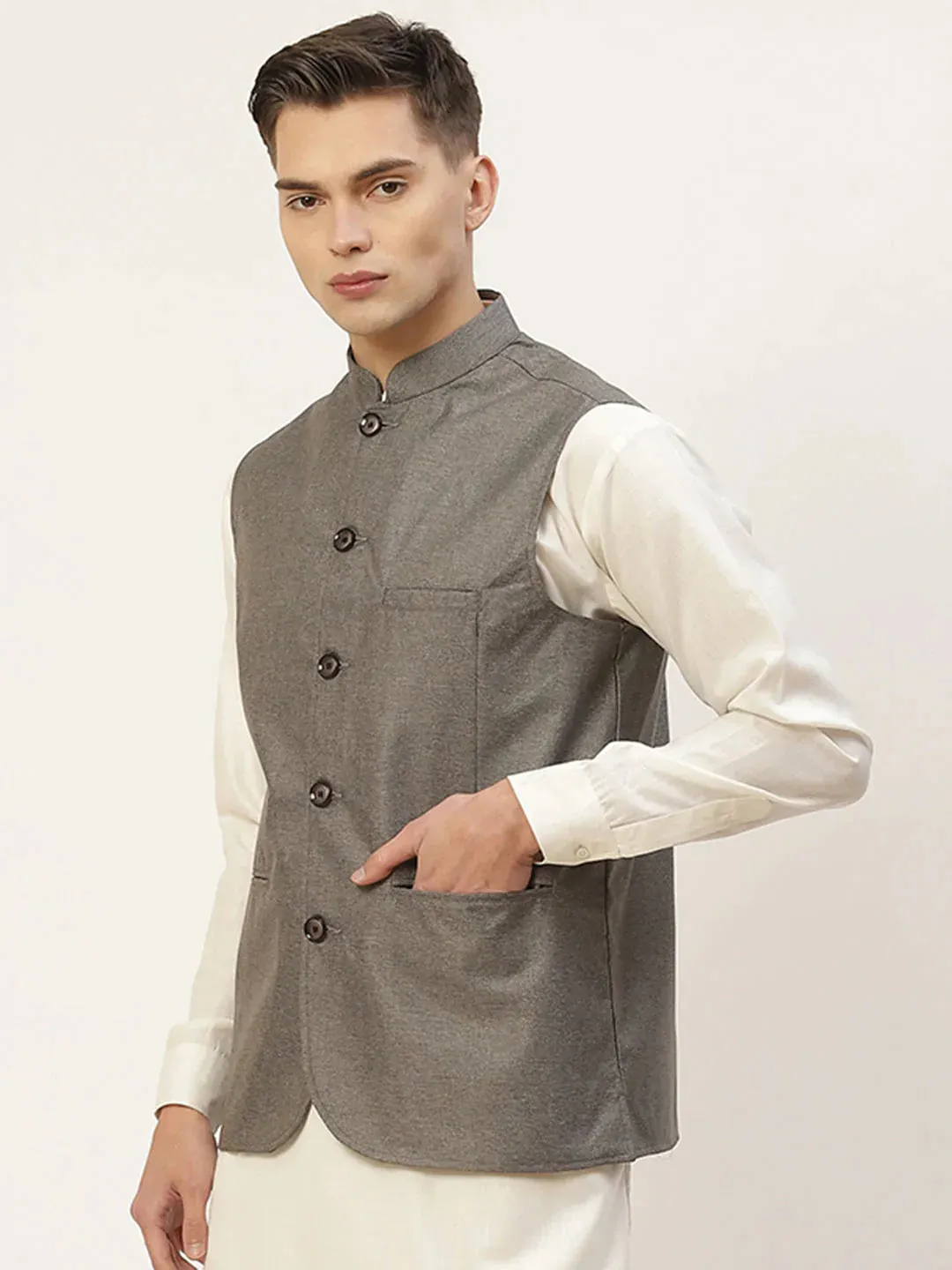 Men'S Charcoal Solid Nehru Jacket
