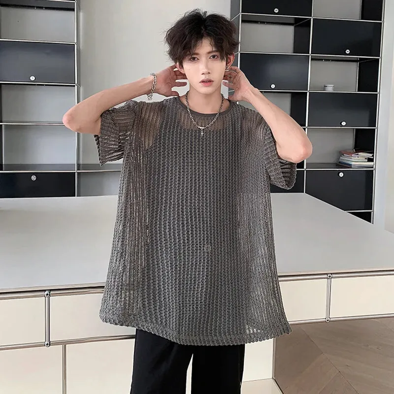 Men's Knitted T-shirt Short Sleeve Breathable Mesh Round Collar Stylish Solid Color Loose Top Summer Trend 9C5770