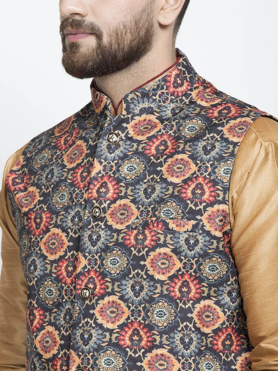 Men's Silk Blend Copper Kurta With Pyjama & Black Printed Nehru Jacket - Benstoke