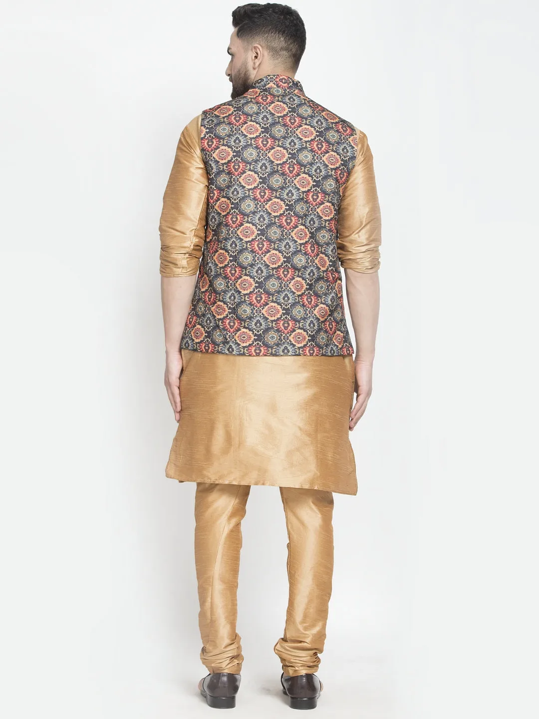 Men's Silk Blend Copper Kurta With Pyjama & Black Printed Nehru Jacket - Benstoke
