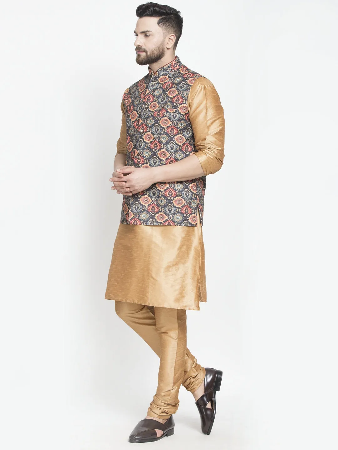 Men's Silk Blend Copper Kurta With Pyjama & Black Printed Nehru Jacket - Benstoke