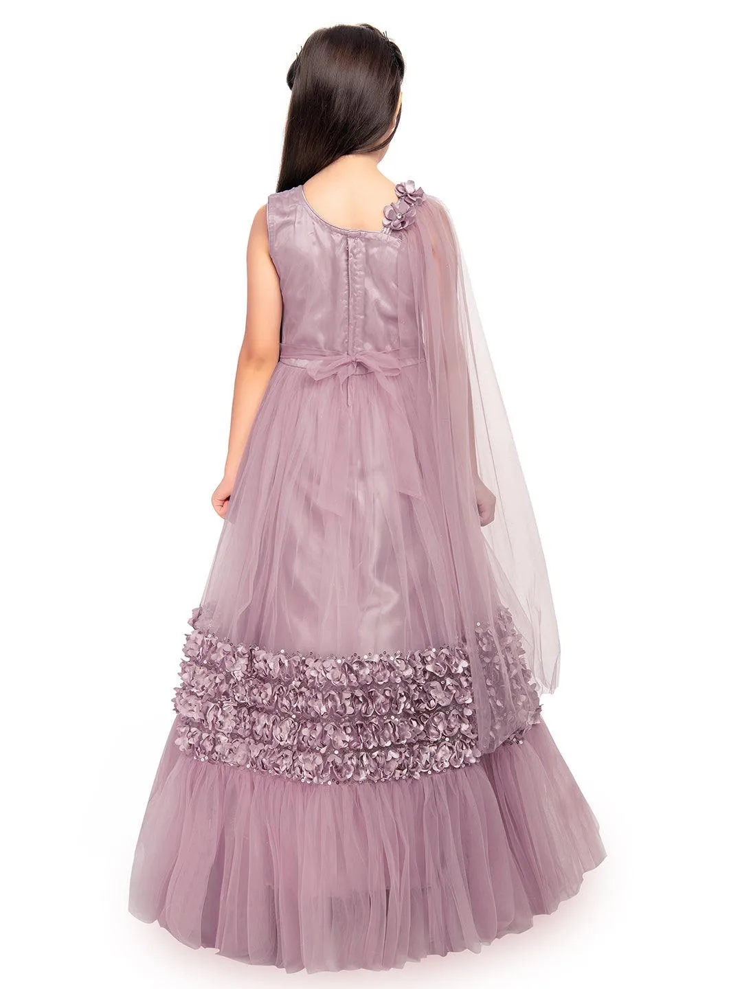 One Side Sleeves Trendy Look Orchid Coloured Gown For Girl