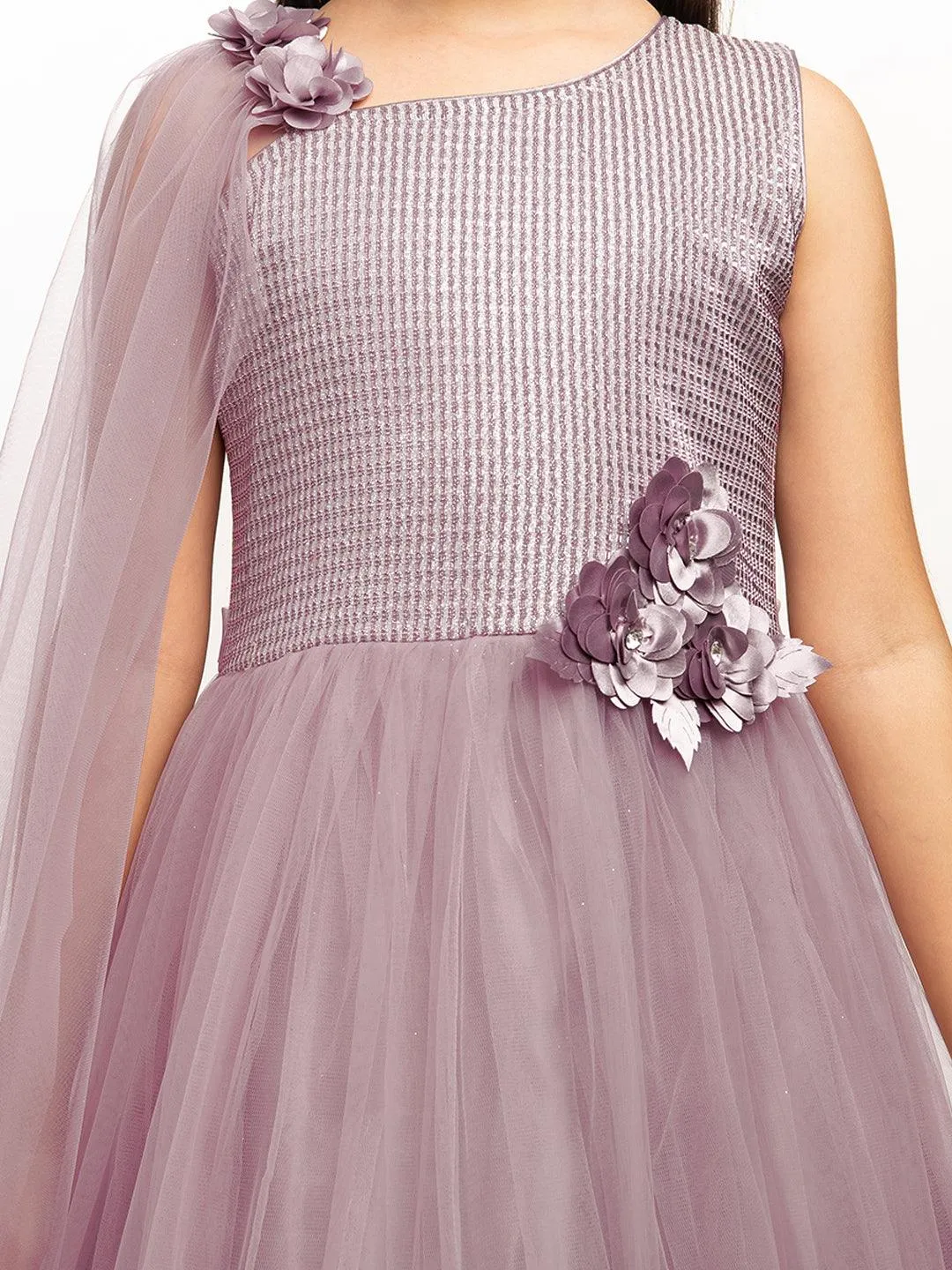 One Side Sleeves Trendy Look Orchid Coloured Gown For Girl