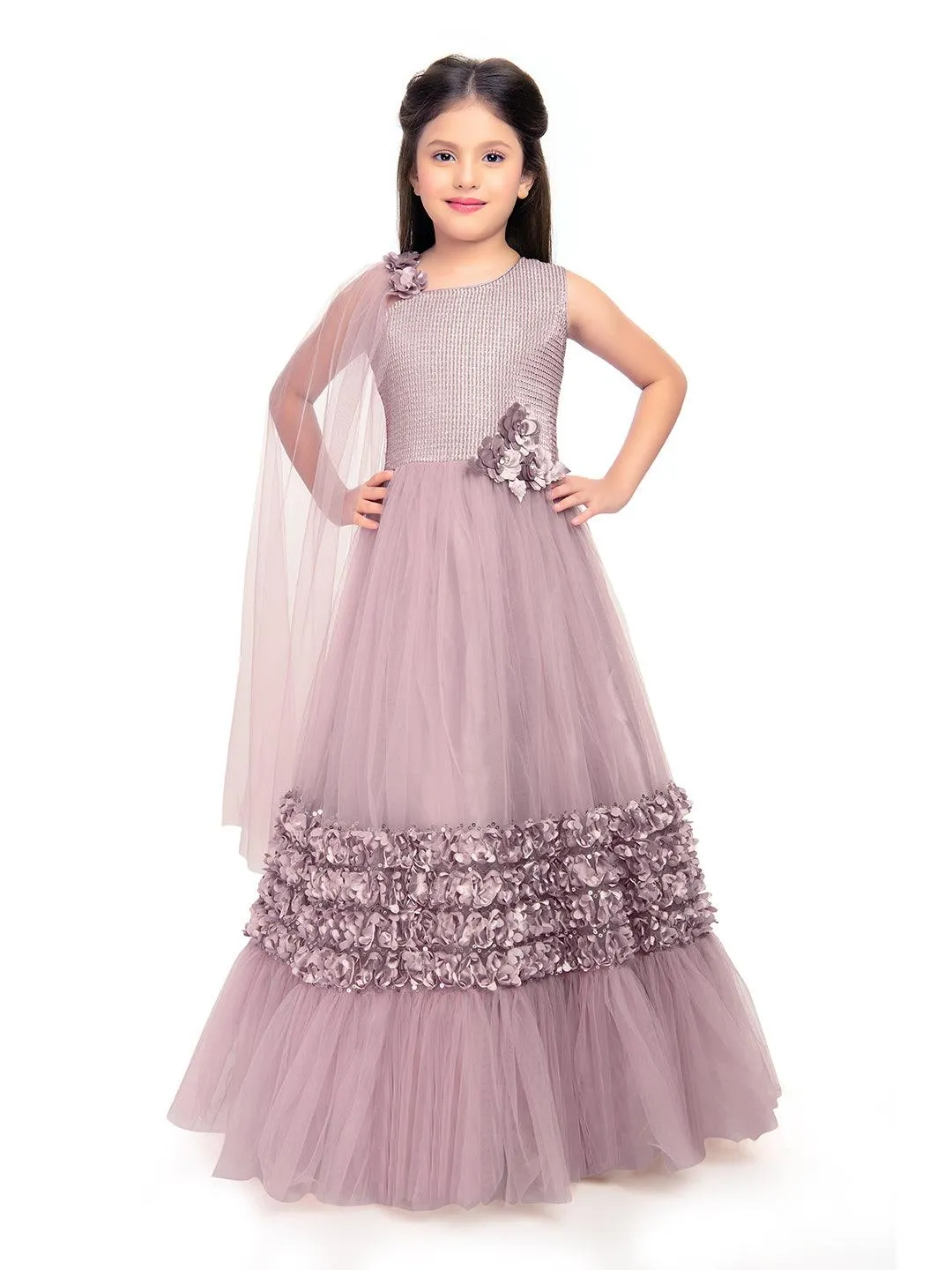One Side Sleeves Trendy Look Orchid Coloured Gown For Girl
