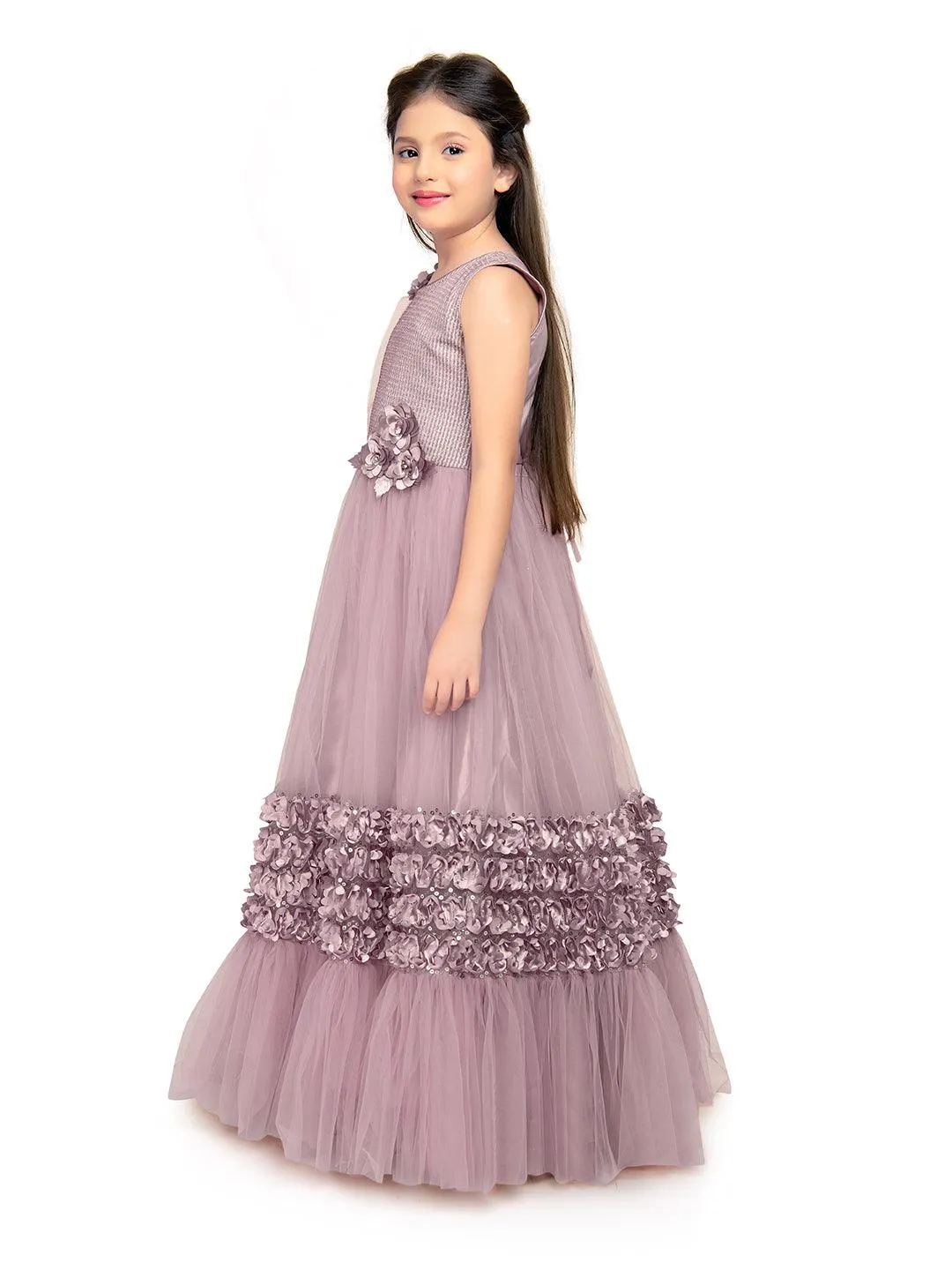 One Side Sleeves Trendy Look Orchid Coloured Gown For Girl
