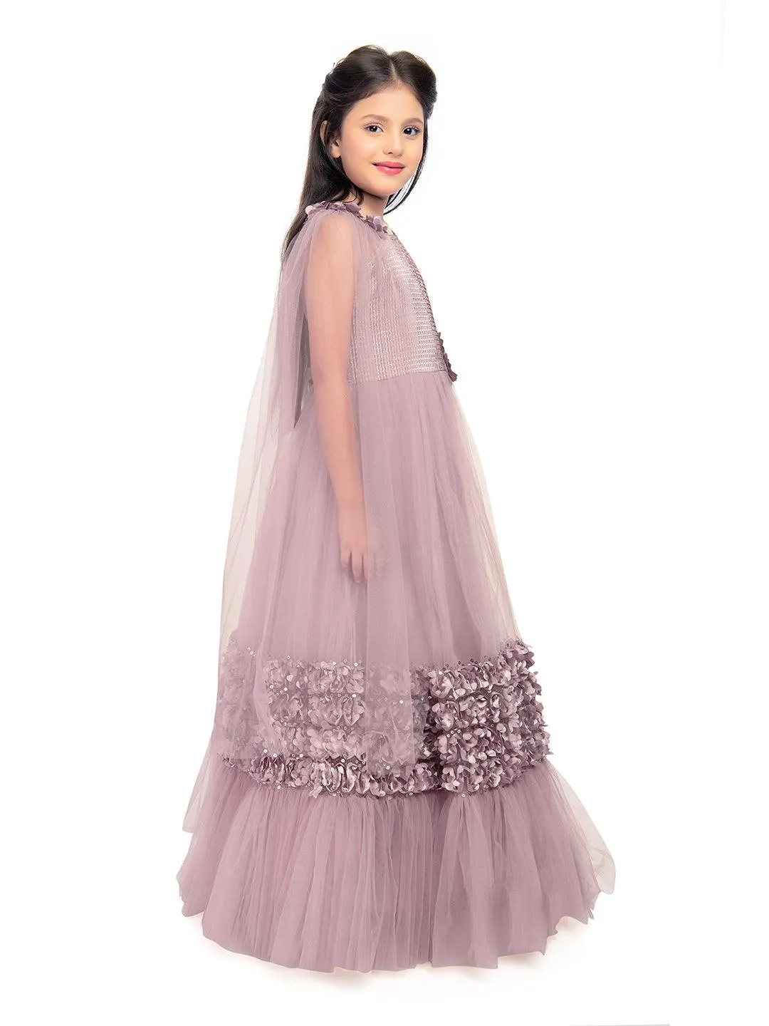 One Side Sleeves Trendy Look Orchid Coloured Gown For Girl