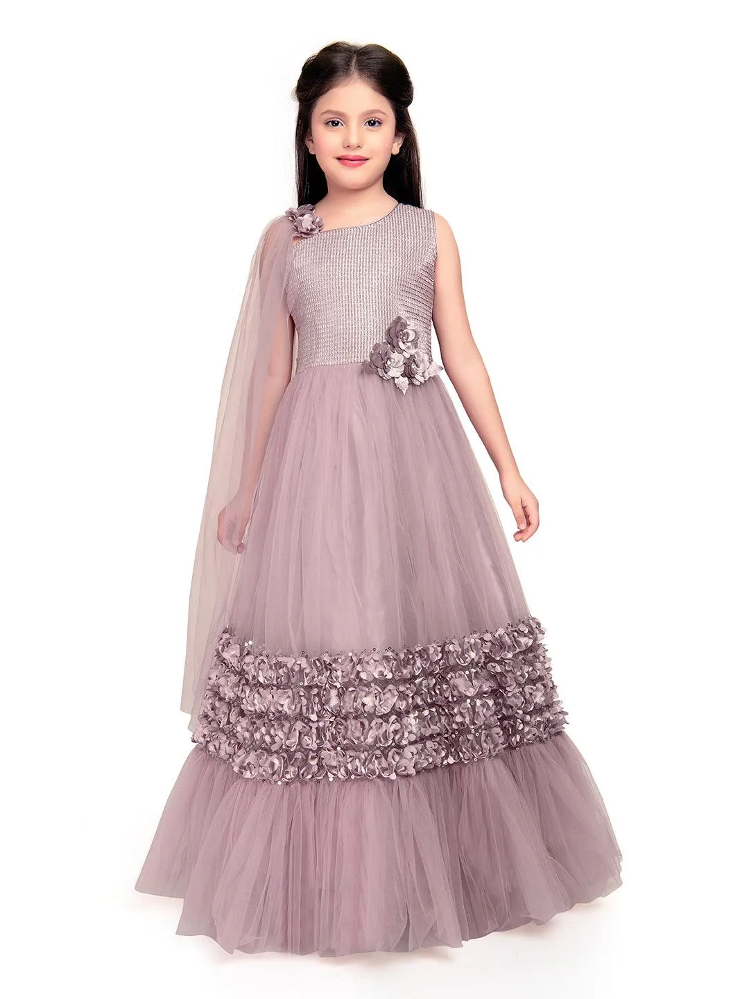 One Side Sleeves Trendy Look Orchid Coloured Gown For Girl