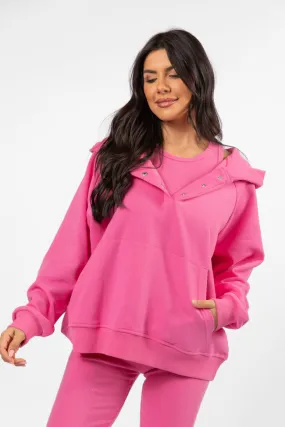 Outta Sight Pink Button Detail Hooded Pullover