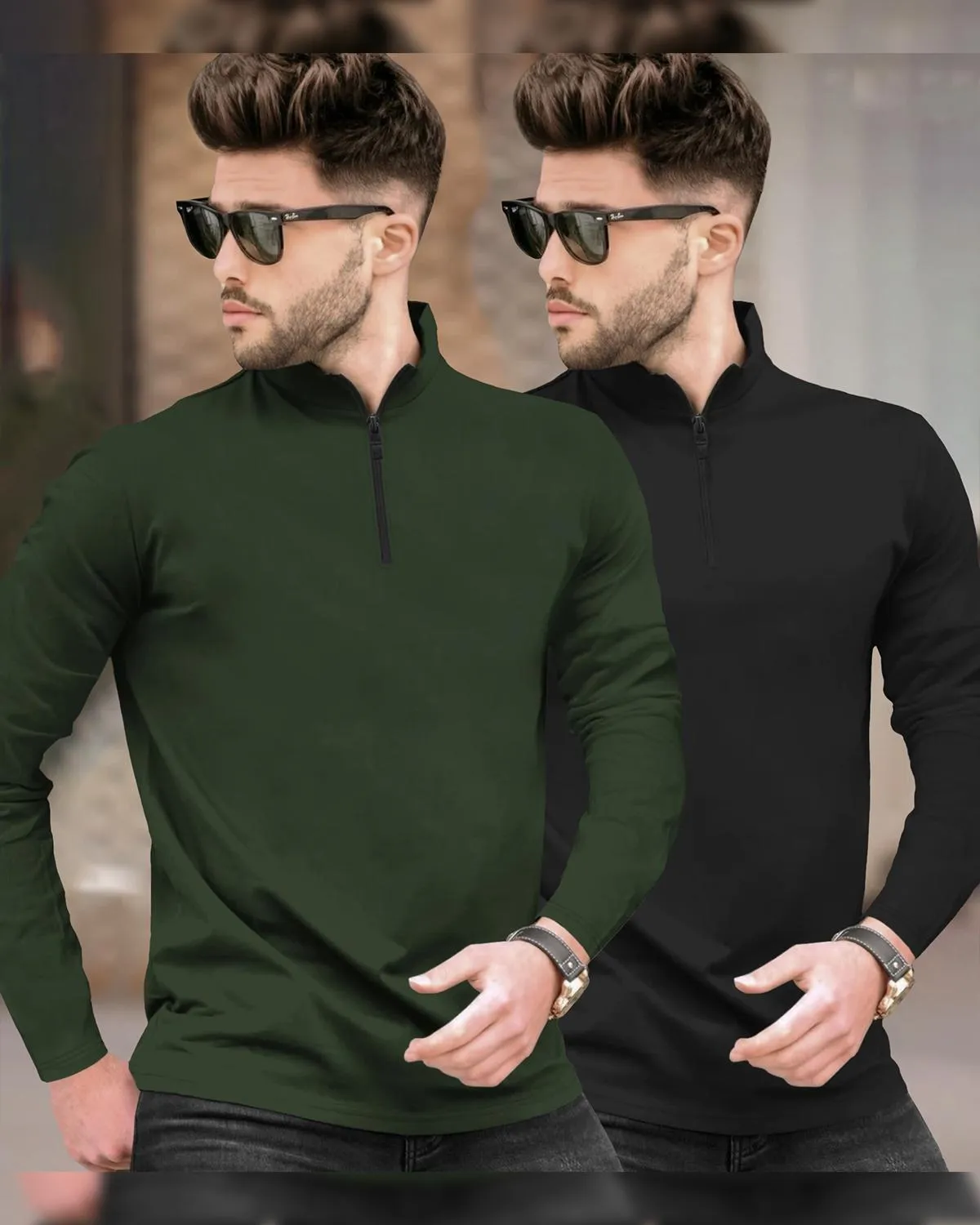 (Pack Of 2) Full Sleeve Men High Neck Plain T-shirts / Olive & Black