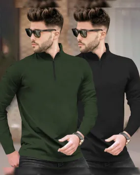 (Pack Of 2) Full Sleeve Men High Neck Plain T-shirts / Olive & Black