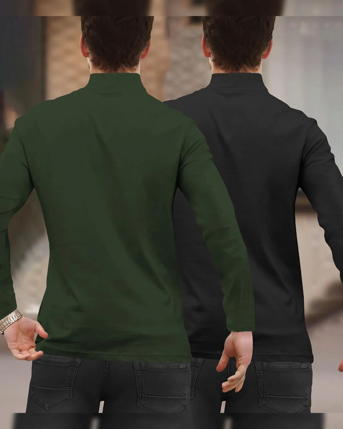 (Pack Of 2) Full Sleeve Men High Neck Plain T-shirts / Olive & Black