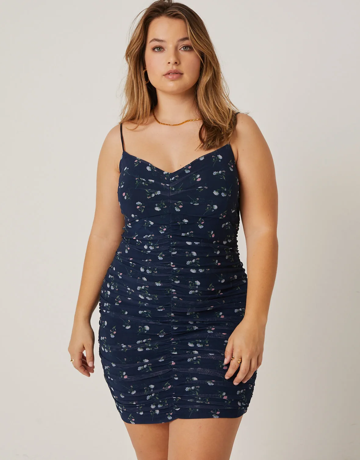 Plus Size Ruched Floral Mini Dress
