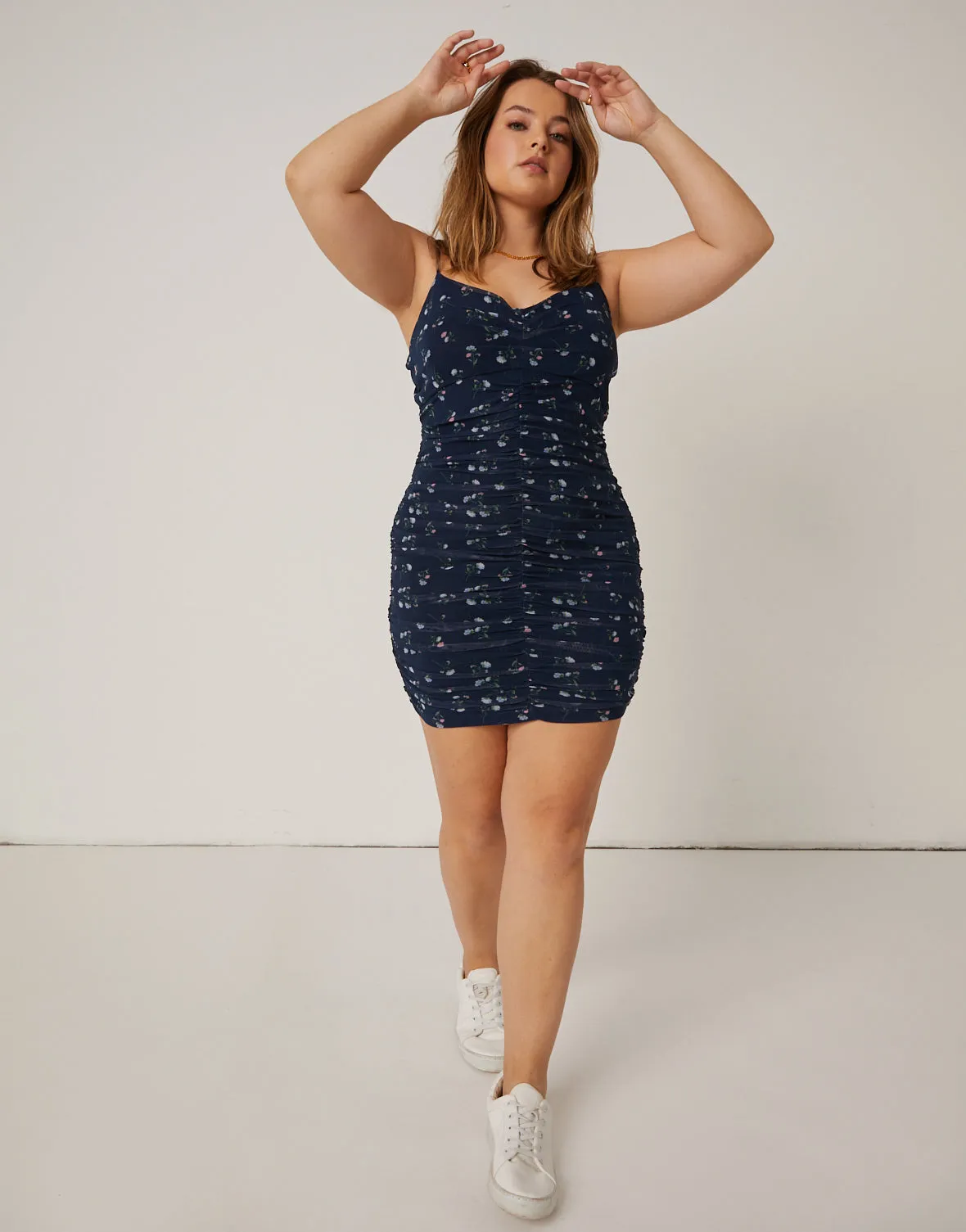 Plus Size Ruched Floral Mini Dress