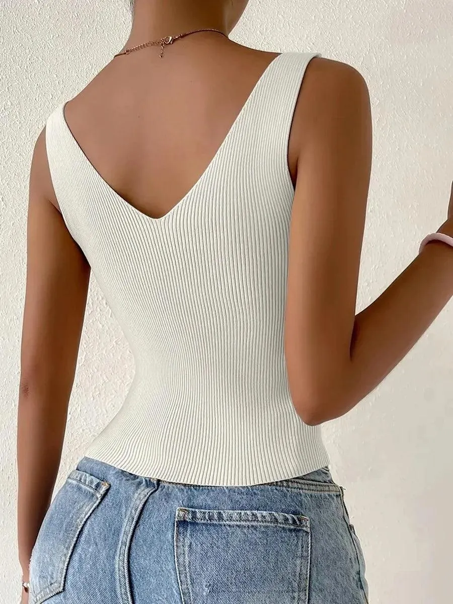 Ribbed Knit V-Neck Crop Top: Chic Drawstring Tank - Summer Style