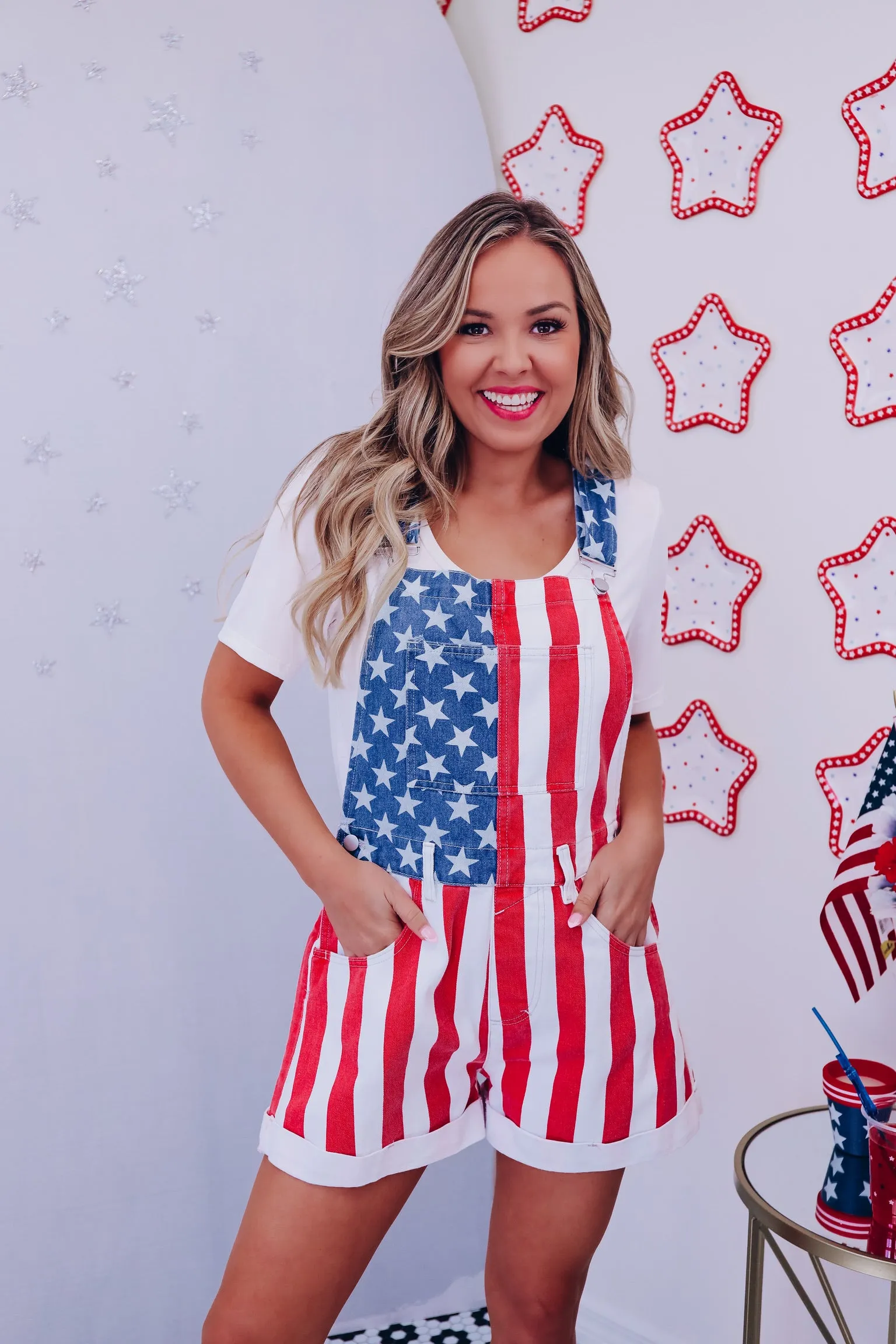 Rockin' The Red-White-Blue Overall Shorts