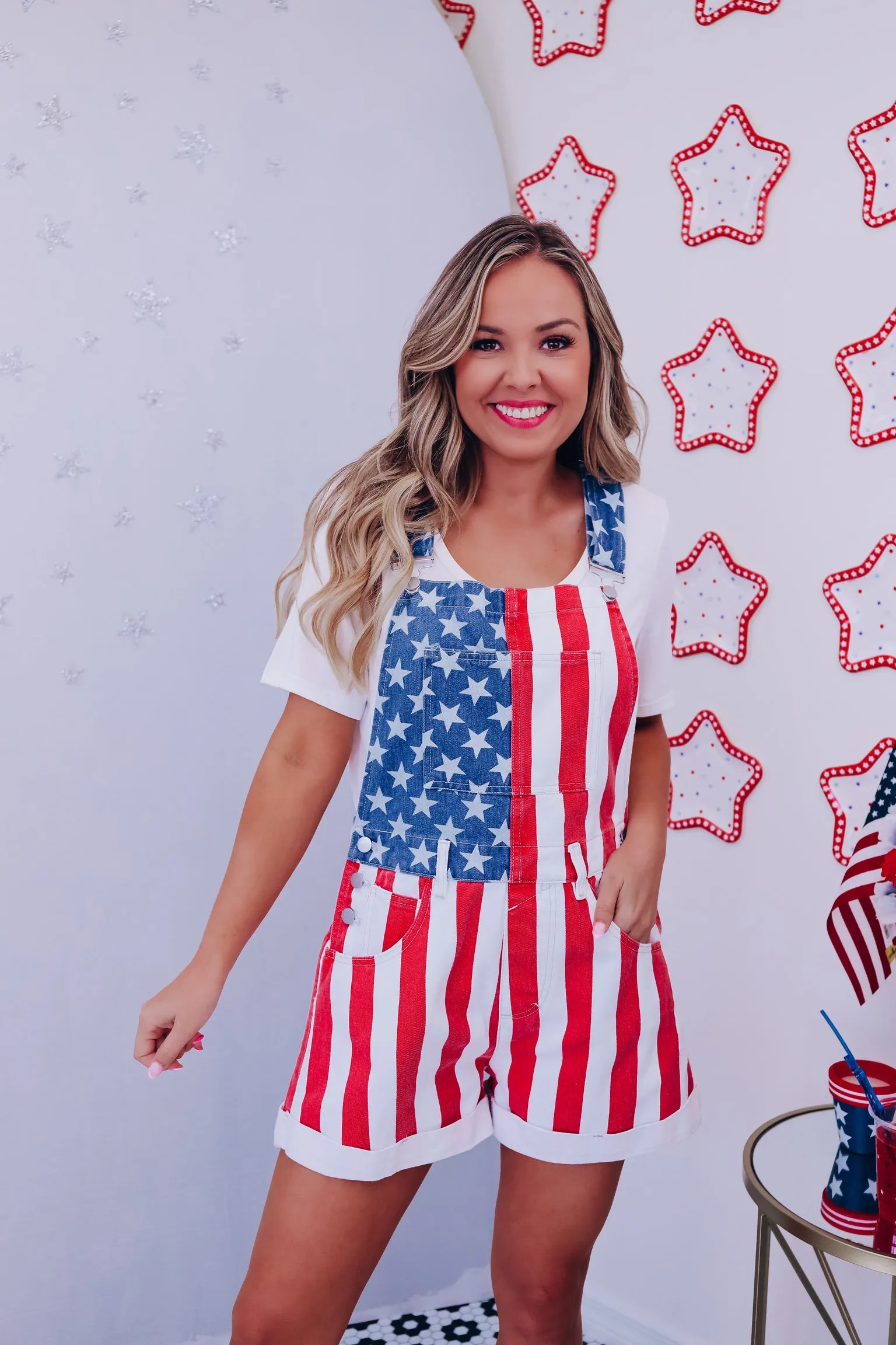 Rockin' The Red-White-Blue Overall Shorts