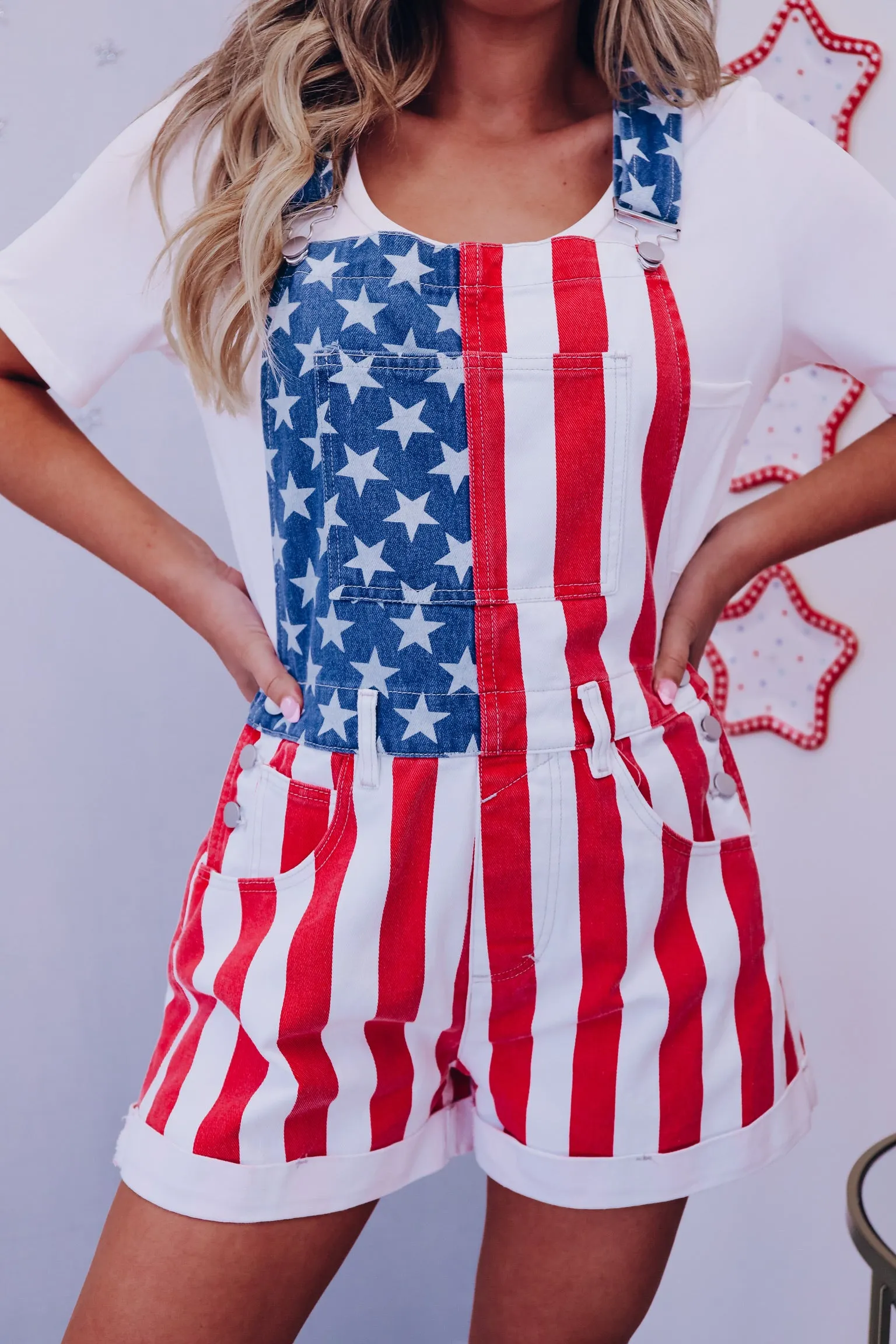 Rockin' The Red-White-Blue Overall Shorts
