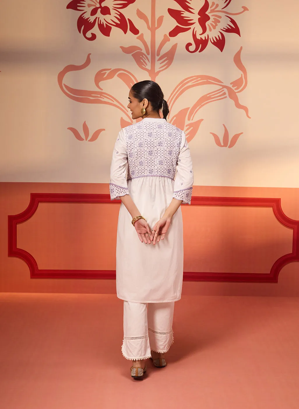 Rozana Ivory With Lavender Embroidered Schiffli Kurta For Women