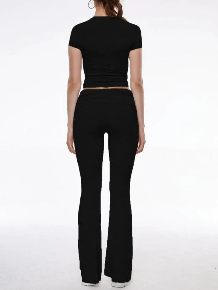 Short Sleeve Cropped Top Fold-over Flare Pants Set