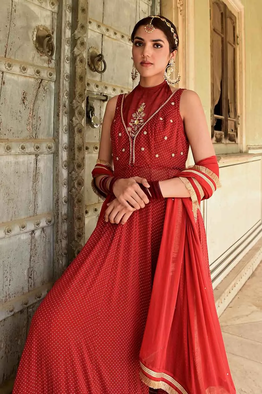 Sindhuri Red Embroidered Anarkali Set