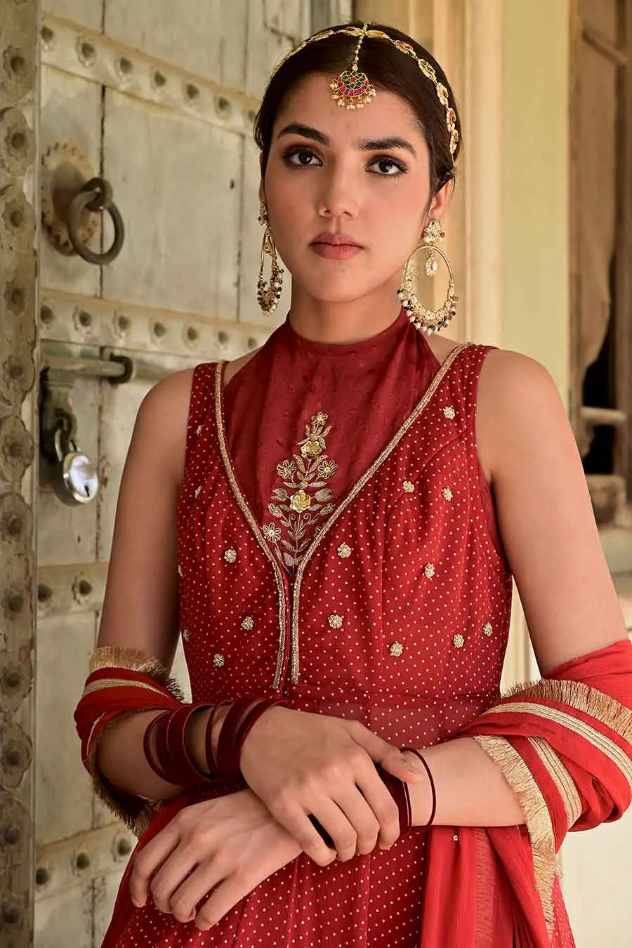 Sindhuri Red Embroidered Anarkali Set