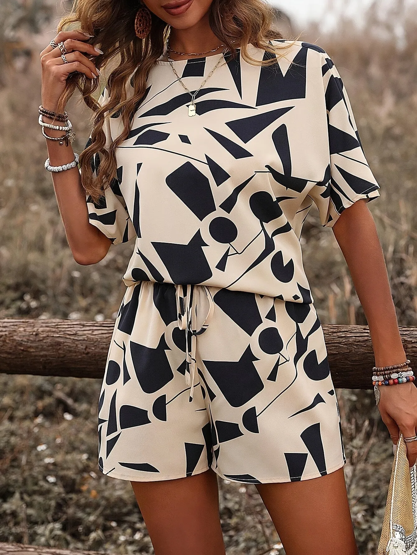 Stylish Geo Print Casual Shorts Set - Crew Neck Batwing Short Sleeve Keyhole Back T-shirt, Knotted Front Shorts, Comfortable, Breathable, Relaxed Fit, Women's Clothing Outfits for Summer