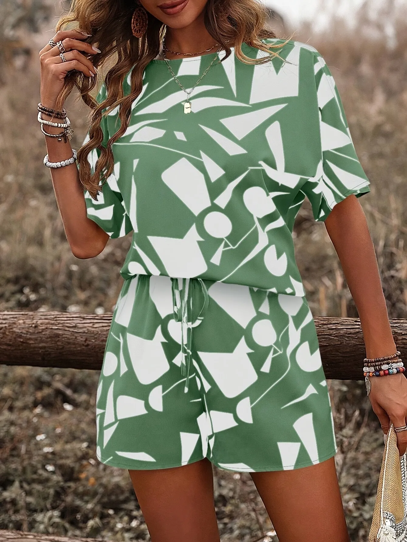 Stylish Geo Print Casual Shorts Set - Crew Neck Batwing Short Sleeve Keyhole Back T-shirt, Knotted Front Shorts, Comfortable, Breathable, Relaxed Fit, Women's Clothing Outfits for Summer
