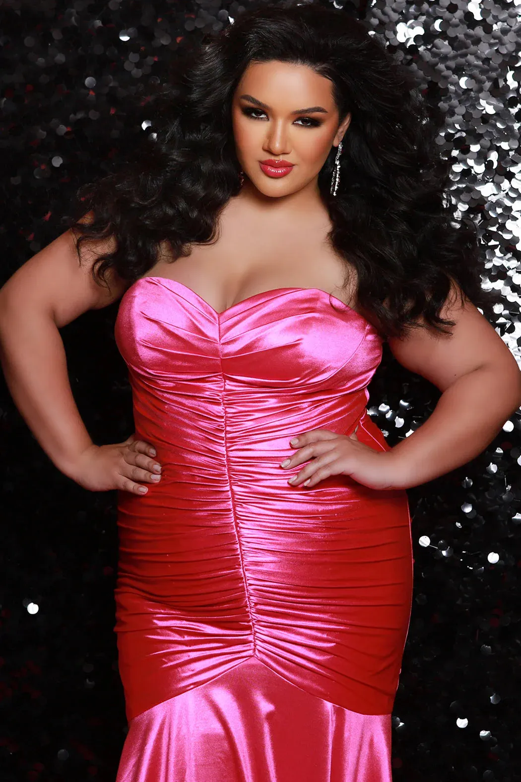 Sydneys Closet SC7364 Long Fitted Plus Size Prom Mermaid Dress Satin Strapless Ruched Train