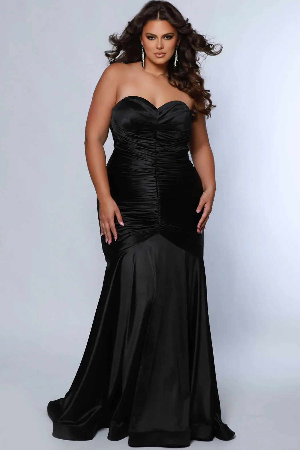 Sydneys Closet SC7364 Long Fitted Plus Size Prom Mermaid Dress Satin Strapless Ruched Train