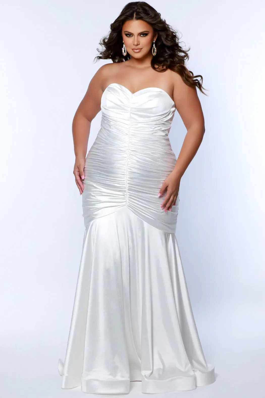 Sydneys Closet SC7364 Long Fitted Plus Size Prom Mermaid Dress Satin Strapless Ruched Train