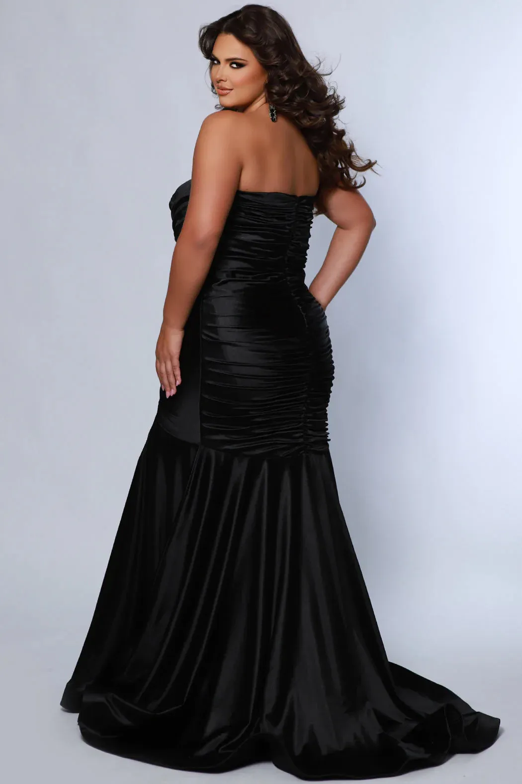 Sydneys Closet SC7364 Long Fitted Plus Size Prom Mermaid Dress Satin Strapless Ruched Train