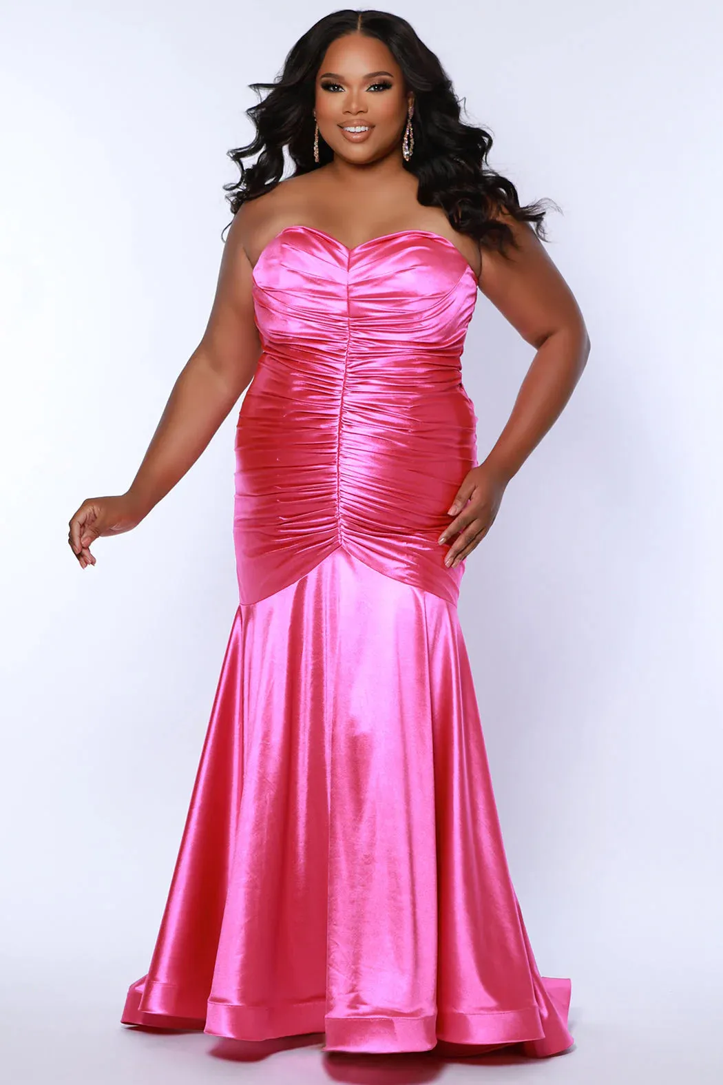 Sydneys Closet SC7364 Long Fitted Plus Size Prom Mermaid Dress Satin Strapless Ruched Train