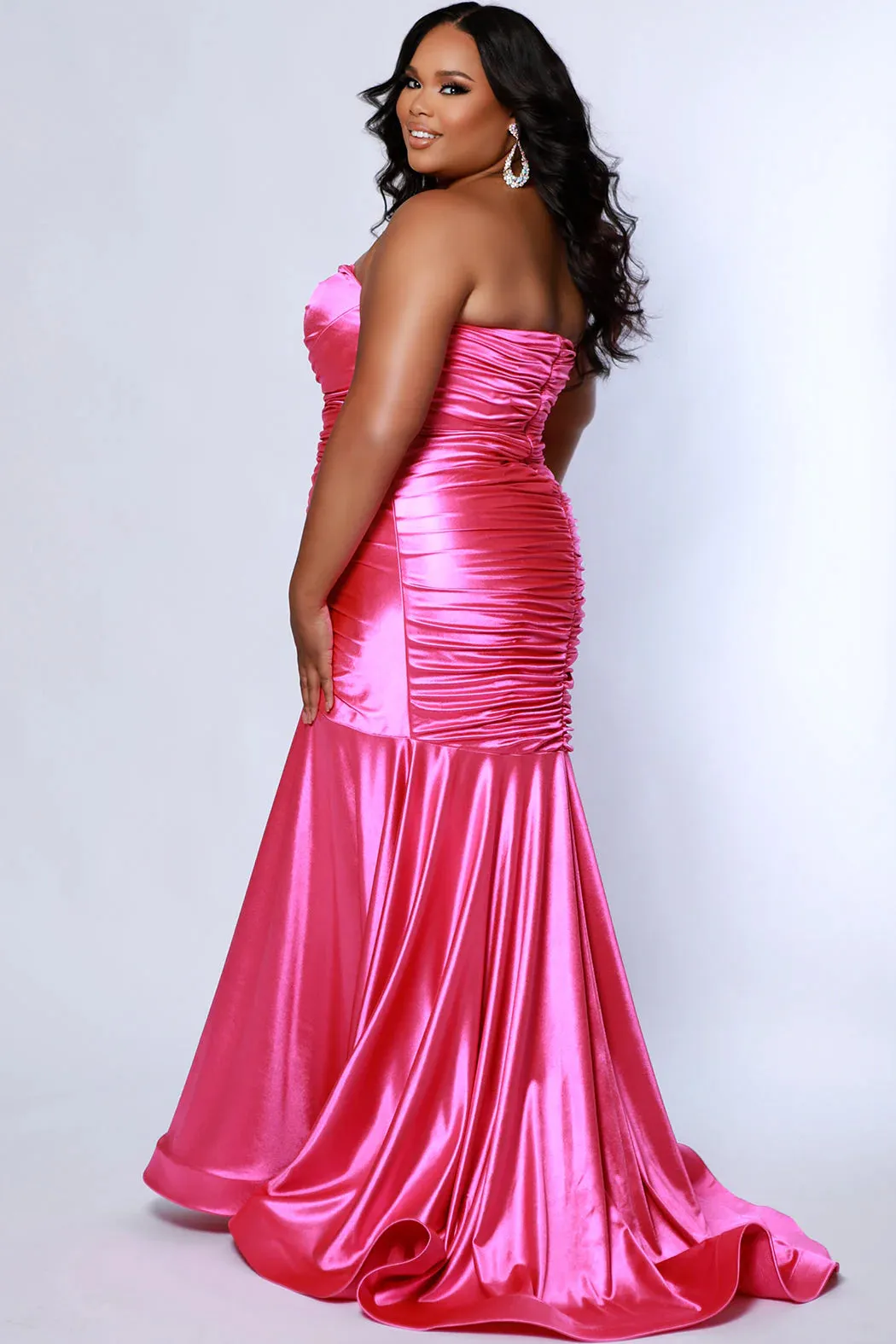 Sydneys Closet SC7364 Long Fitted Plus Size Prom Mermaid Dress Satin Strapless Ruched Train