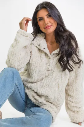 Take The Leap Beige Cable Detail Sherpa Pullover SALE