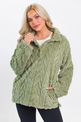 Take The Leap Olive Cable Detail Sherpa Pullover SALE